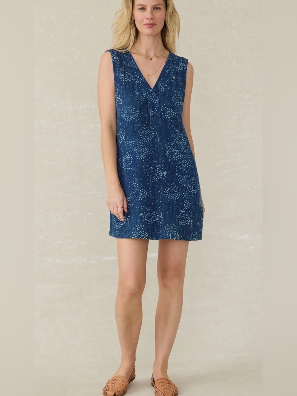 Faherty Azure Indigo Isle Organic Cotton V-Neck Mini Dress Size S